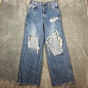 We the Free Jeans Womens 27 Super Distressed Wide Leg Button Fly Grunge Hippie